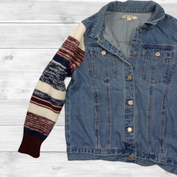 MIAMI Denim Jacket Striped Knit Sleeves Size Small - Picture 4 of 6
